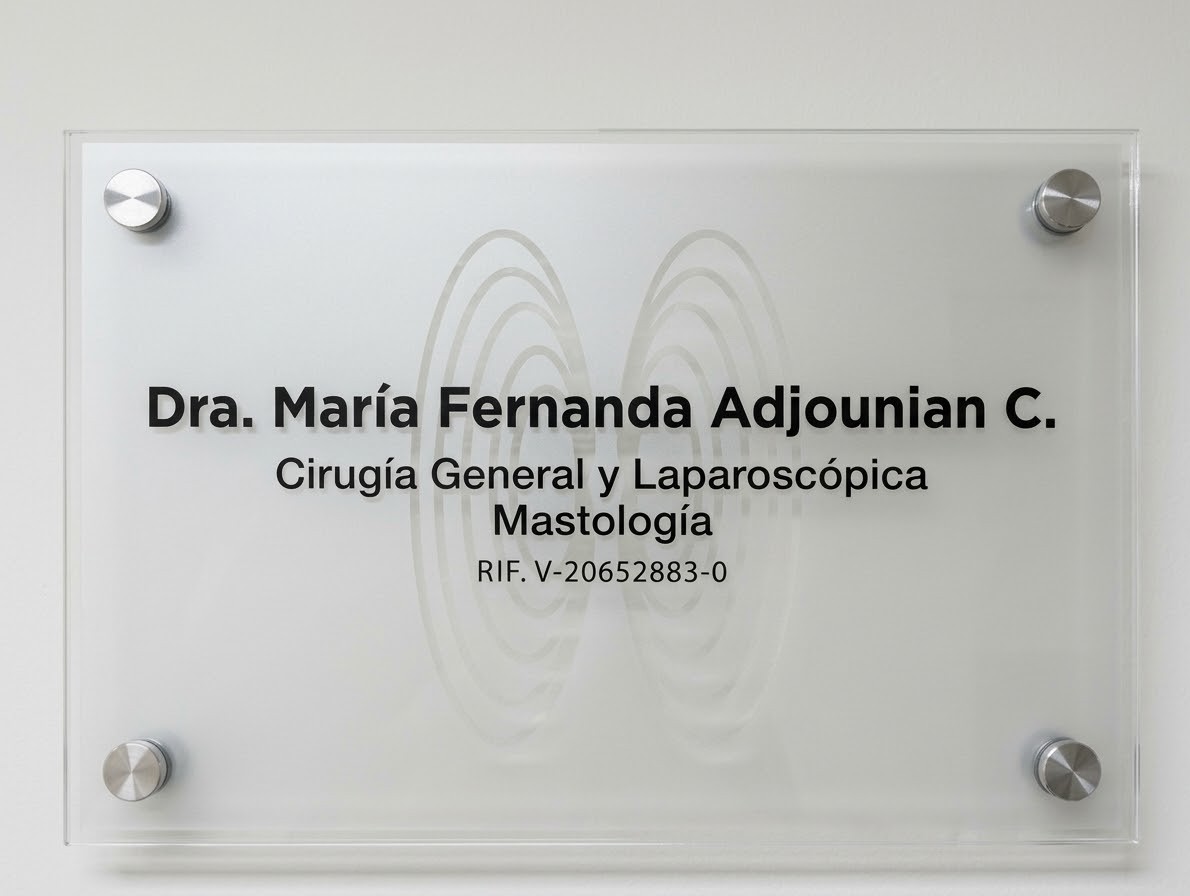 Placa de identificación de la Dra. María Fernanda Adjounian Correa en el consultorio